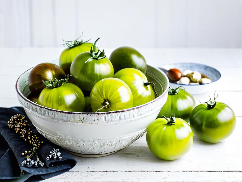 Миска с маринованными зелеными помидорами, хреном и чесноком. Аппетитная закуска на зиму