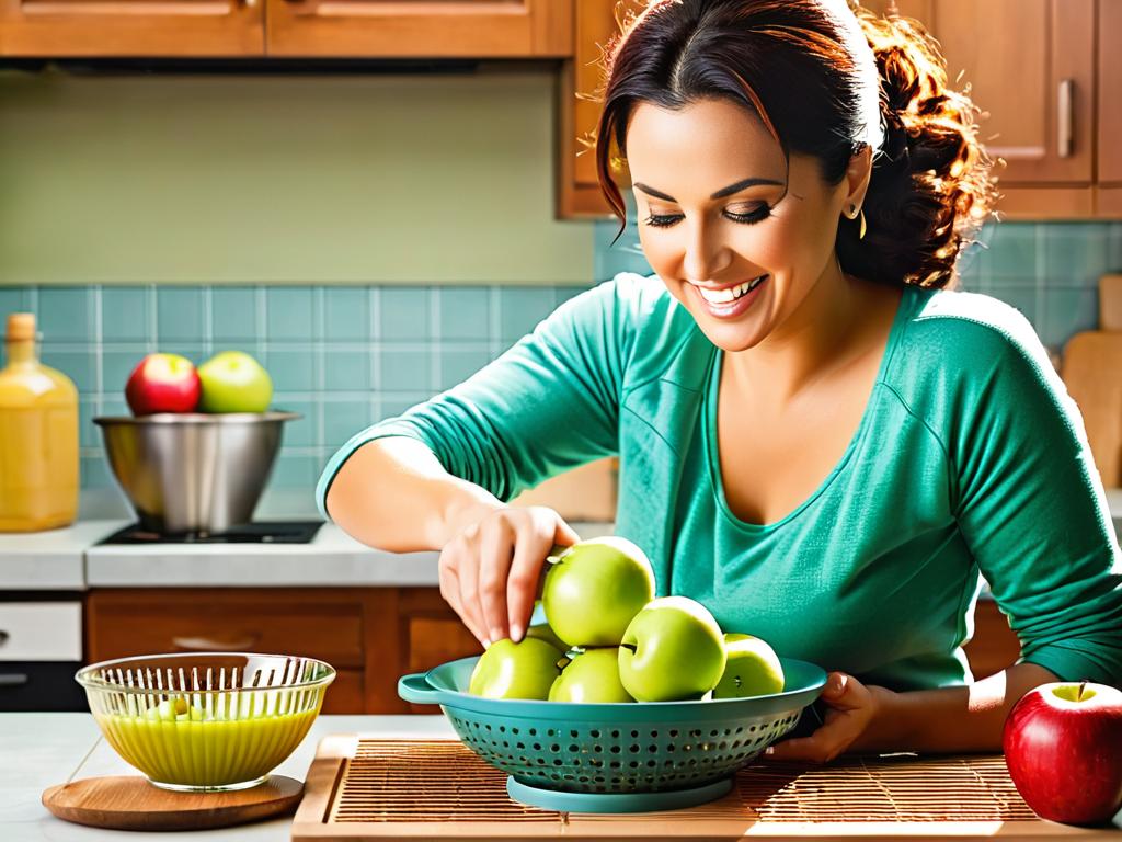 Женщина трет яблоки на терке в миску для приготовления домашнего яблочного сока