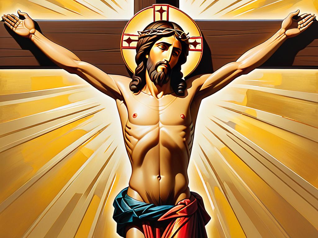На иконе «Распятие» Дионисия изображен Иисус на кресте на золотом фоне с изящными линиями и яркими