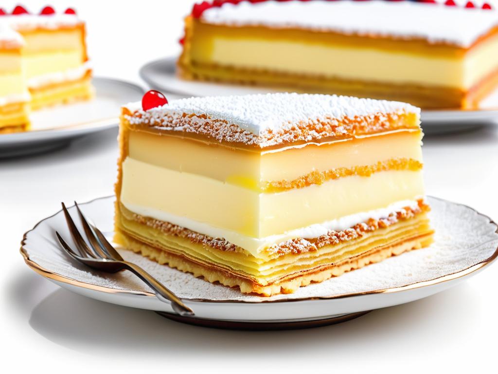 Кусочек торта Наполеон с прослойкой из заварного крема.