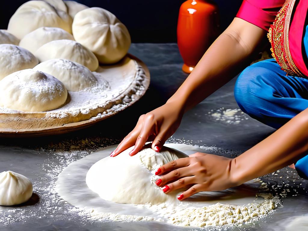 Женщина месит тесто для хинкали на муке