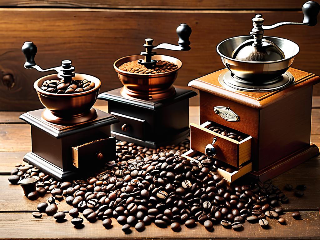 На деревянном столе лежат разные сорта кофейных зерен и кофемолка