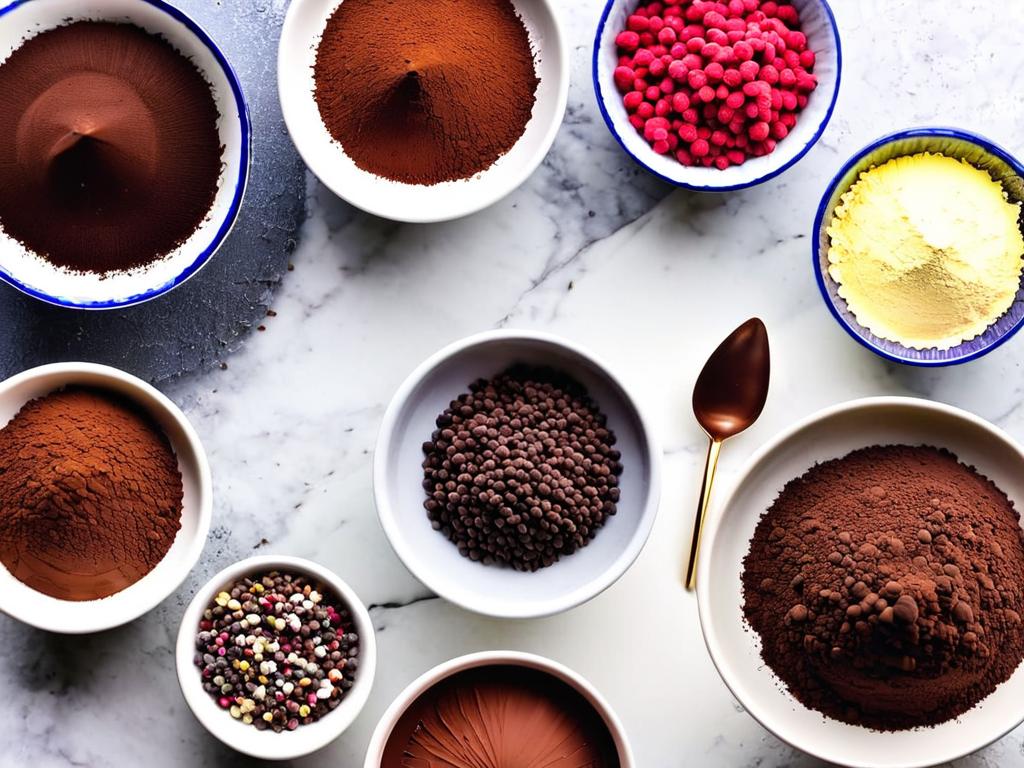 Миска с ингредиентами для приготовления шоколадных трюфелей – какао-порошок, сливки, шоколад