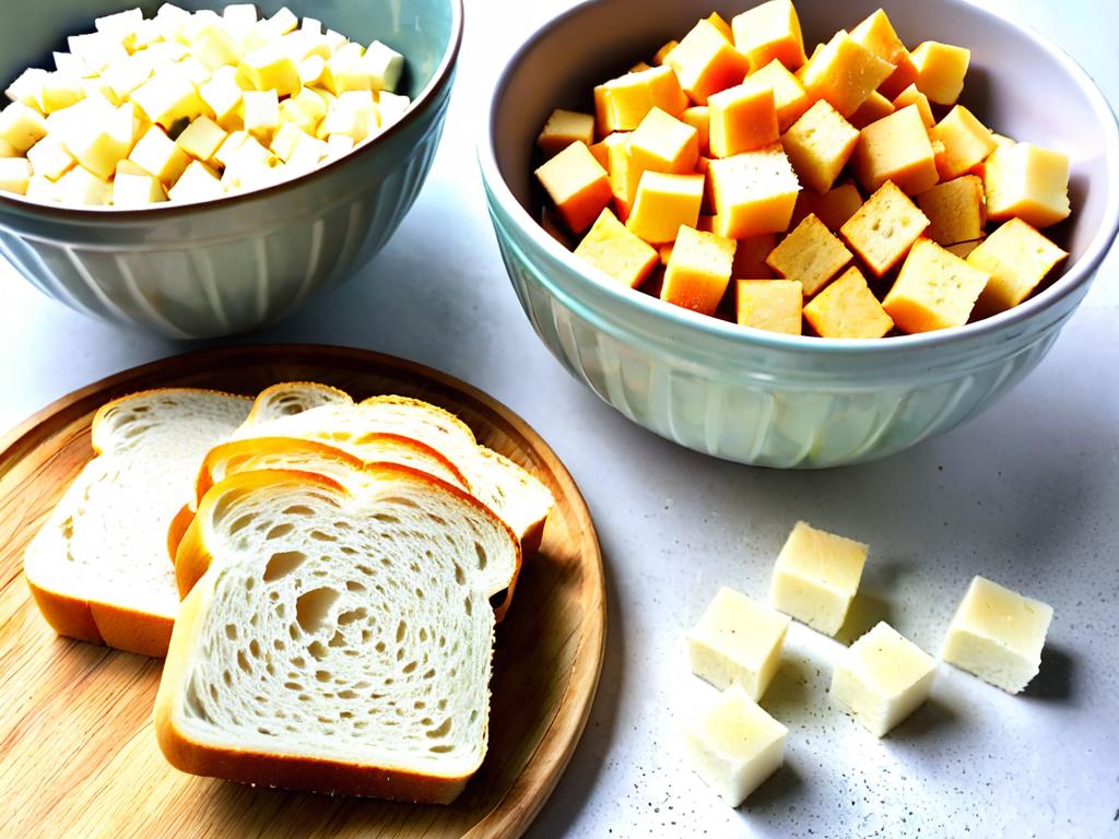 Ломтики белого хлеба нарезаны кубиками для сухарей