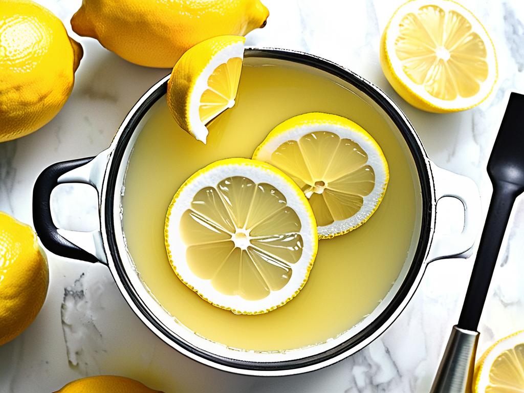 Лимонный сок с сахаром варится на медленном огне для приготовления сиропа