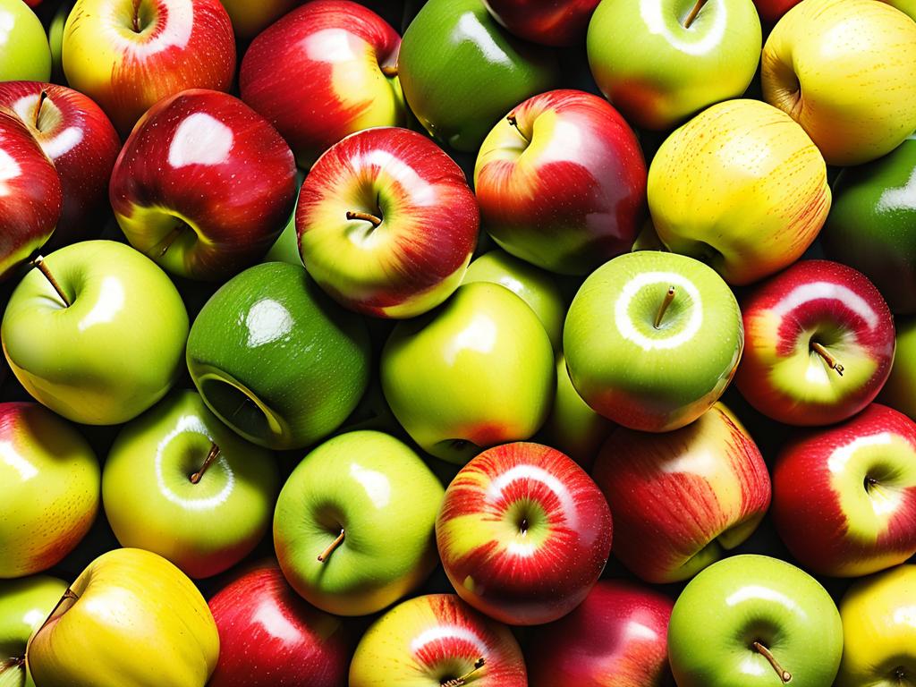 Разнообразие свежих яблок: красные, зеленые и желтые