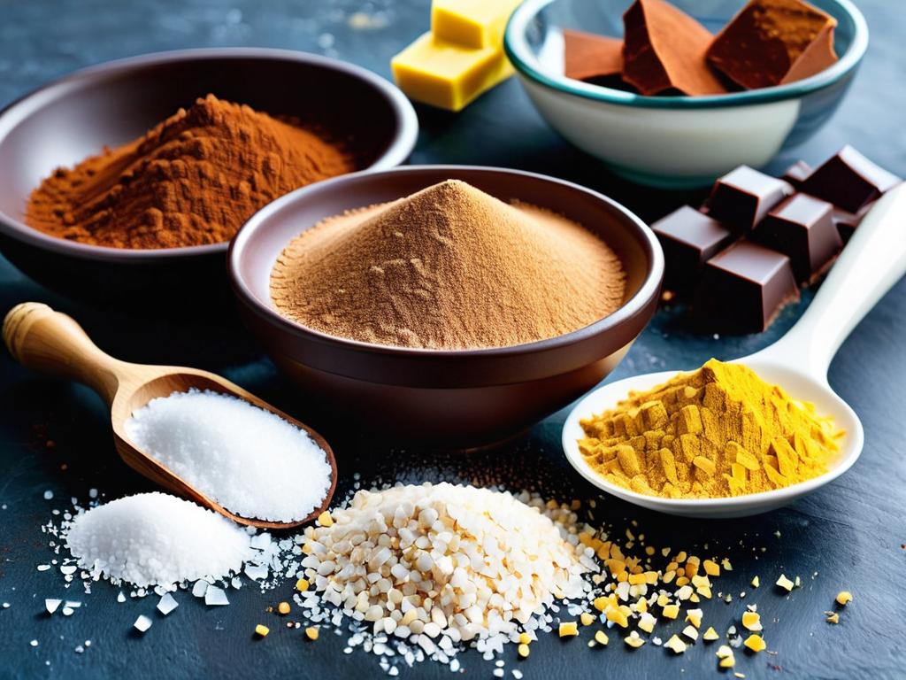 Какао-масло, какао-порошок, тростниковый сахар и морская соль для домашнего шоколада