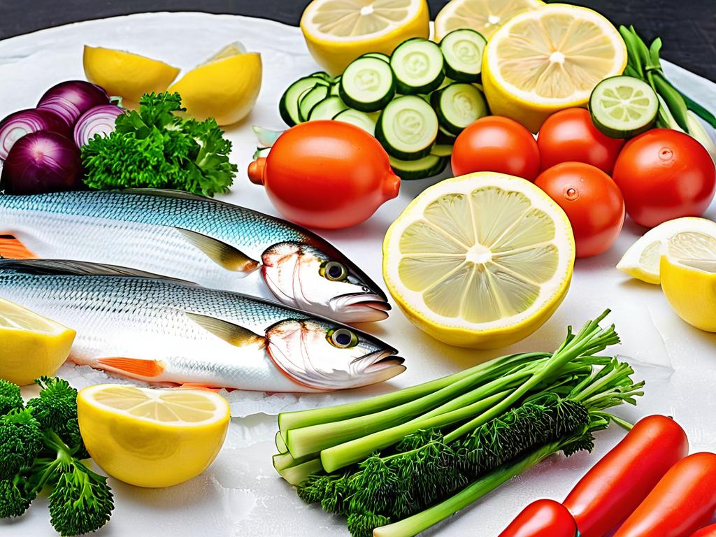 Свежие овощи и ломтики лимона для запекания рыбы