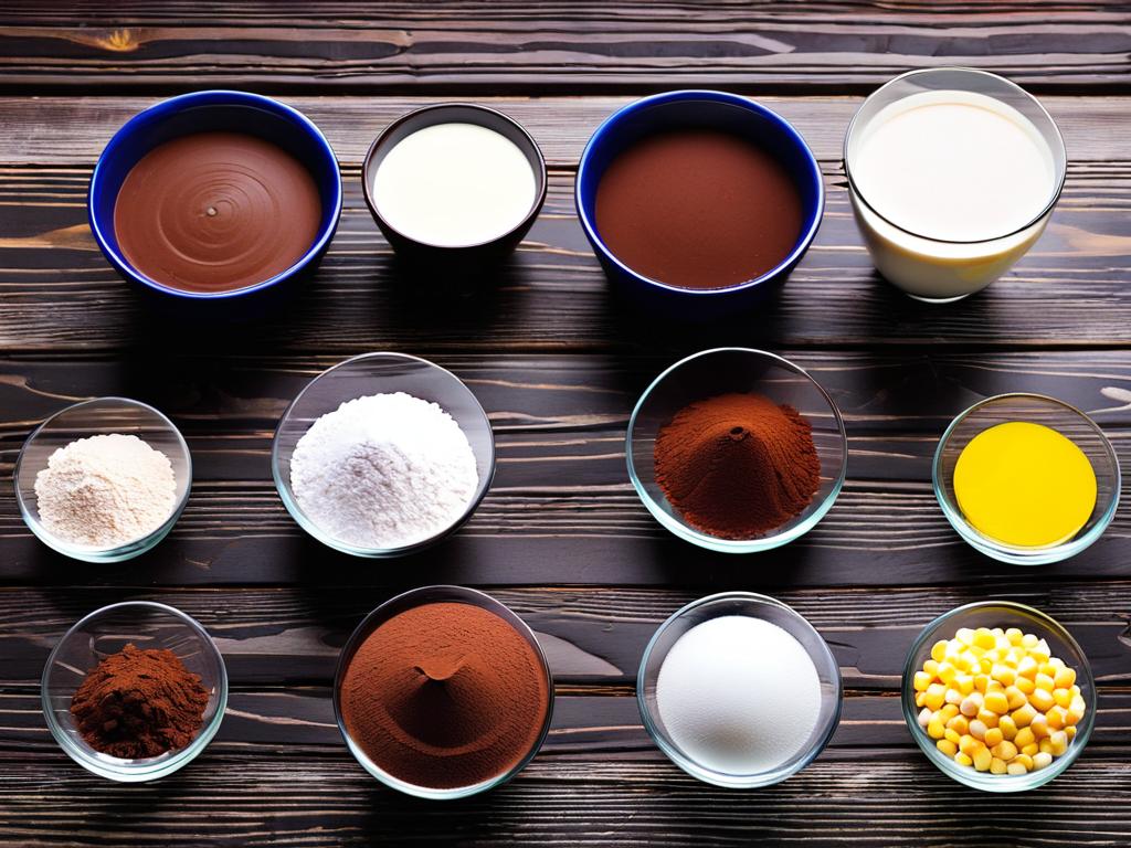 Ингредиенты для шоколадного пудинга - молоко, какао, сахар, крахмал и яйца на деревянном столе