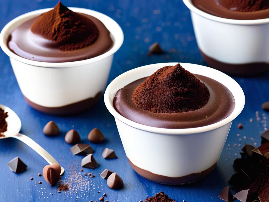 Домашний шоколадный пудинг в чашках с шоколадной крошкой и какао сверху