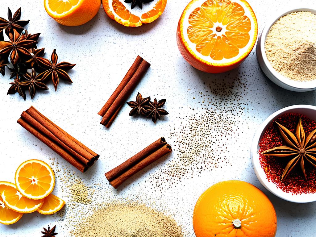 Фотография ингредиентов для глинтвейна: корица, апельсины, гвоздика, бадьян, имбирь