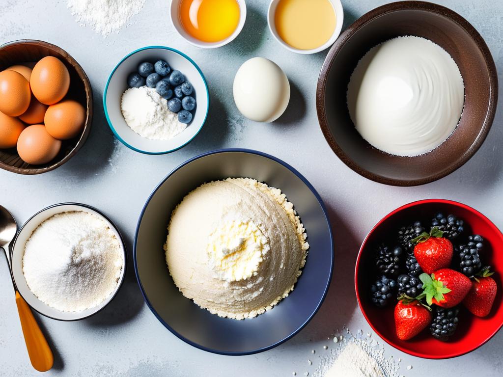 На столе разложены ингредиенты для бенто-торта: мука, сахар, яйца, молоко, фрукты