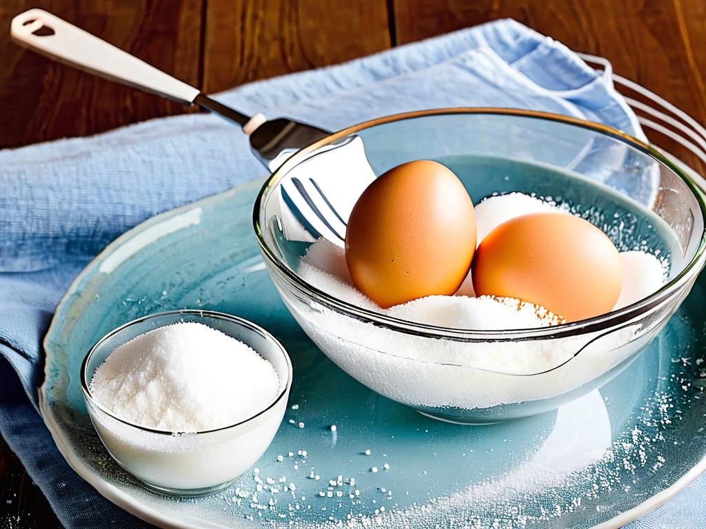 Два сырых яйца в стеклянной миске и венчик для взбивания рядом с сахаром