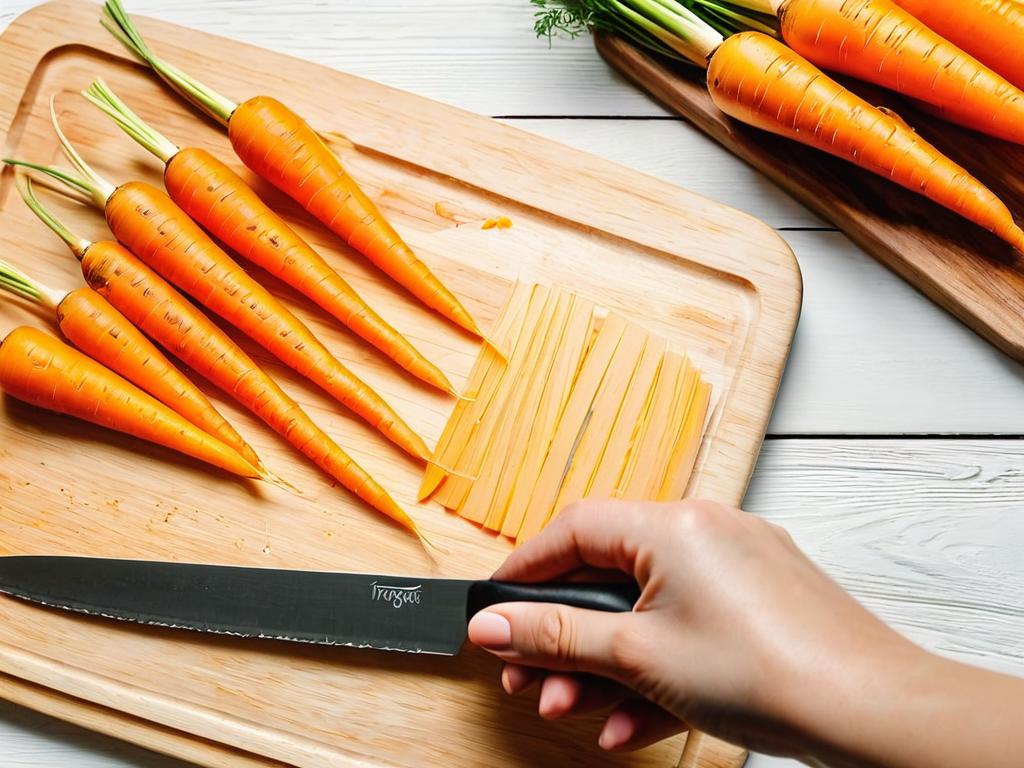 Женщина режет длинную морковь на тонкие палочки ножом на разделочной доске