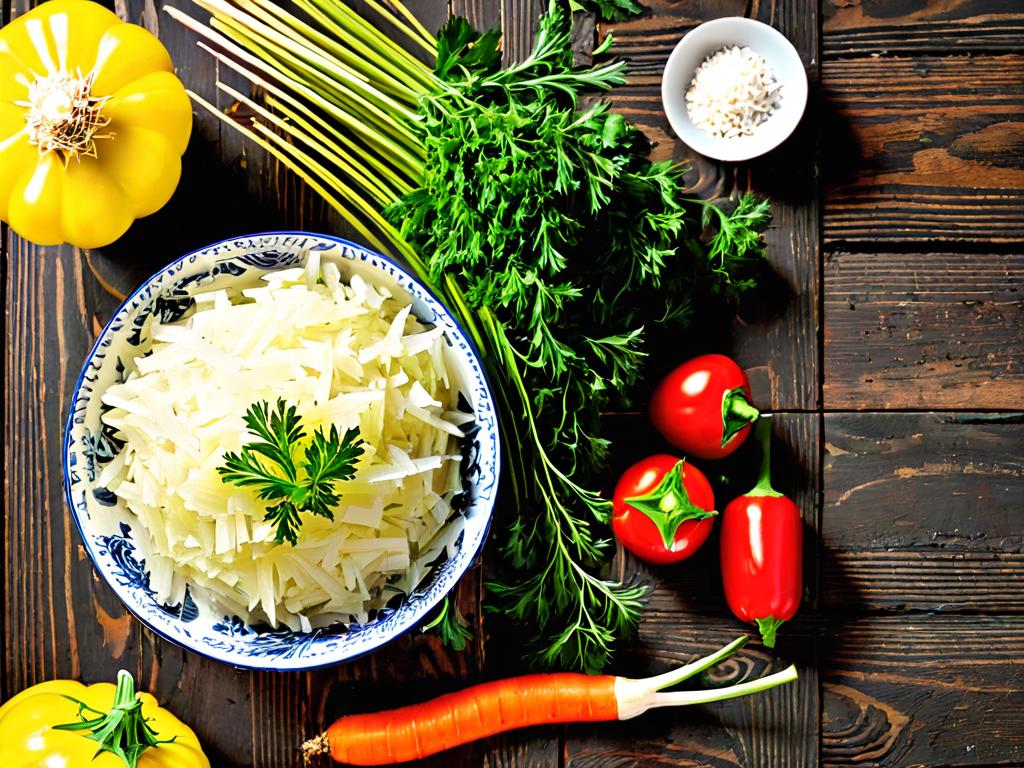 Овощи и специи на деревянном столе для приготовления квашеной капусты
