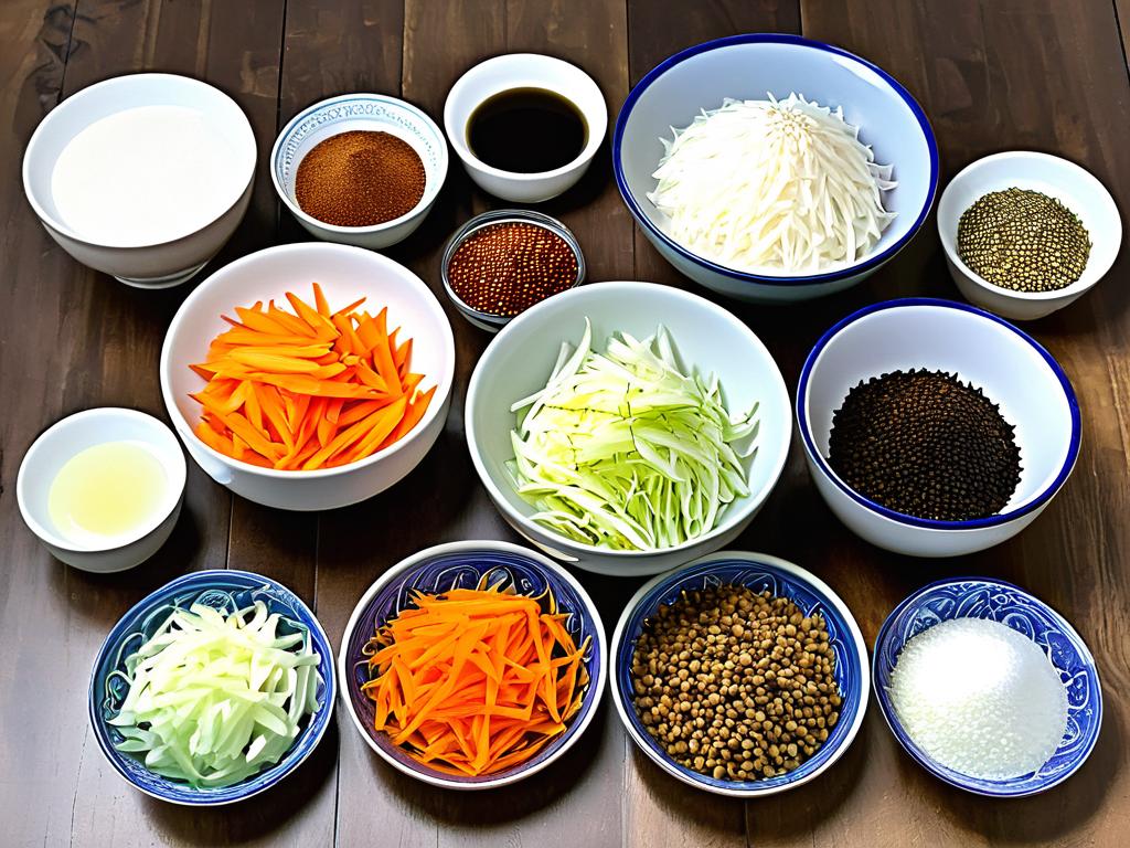 Ингредиенты, необходимые для приготовления капусты по-корейски: капуста, морковь, перец, чеснок и