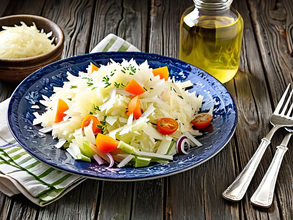 Салат из квашеной капусты в тарелке с вилкой и растительным маслом на фоне деревянной поверхности