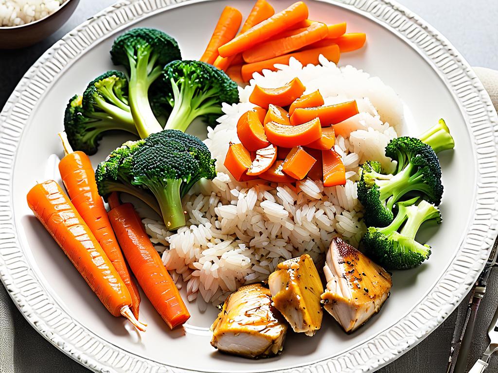 Тарелка с рисом, курицей, брокколи и морковью