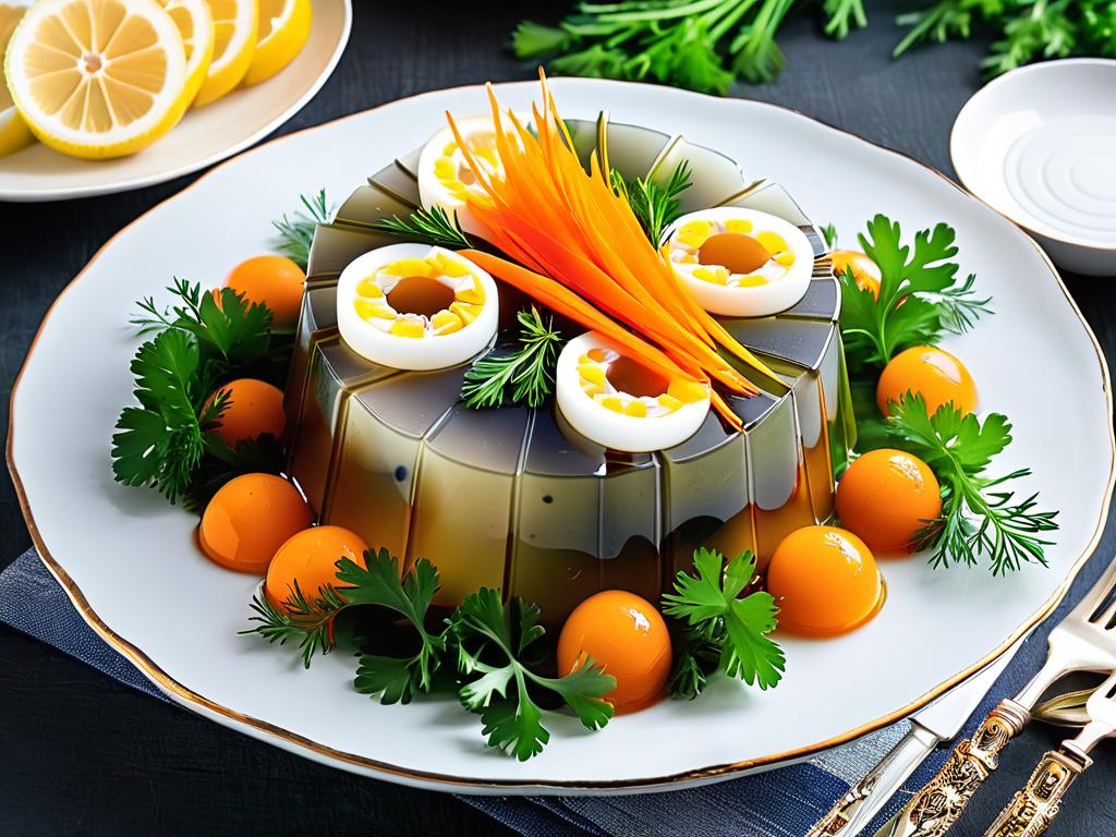 Аппетитная фотография заливного из судака, украшенного ломтиками моркови, яйцами, зеленью и лимоном