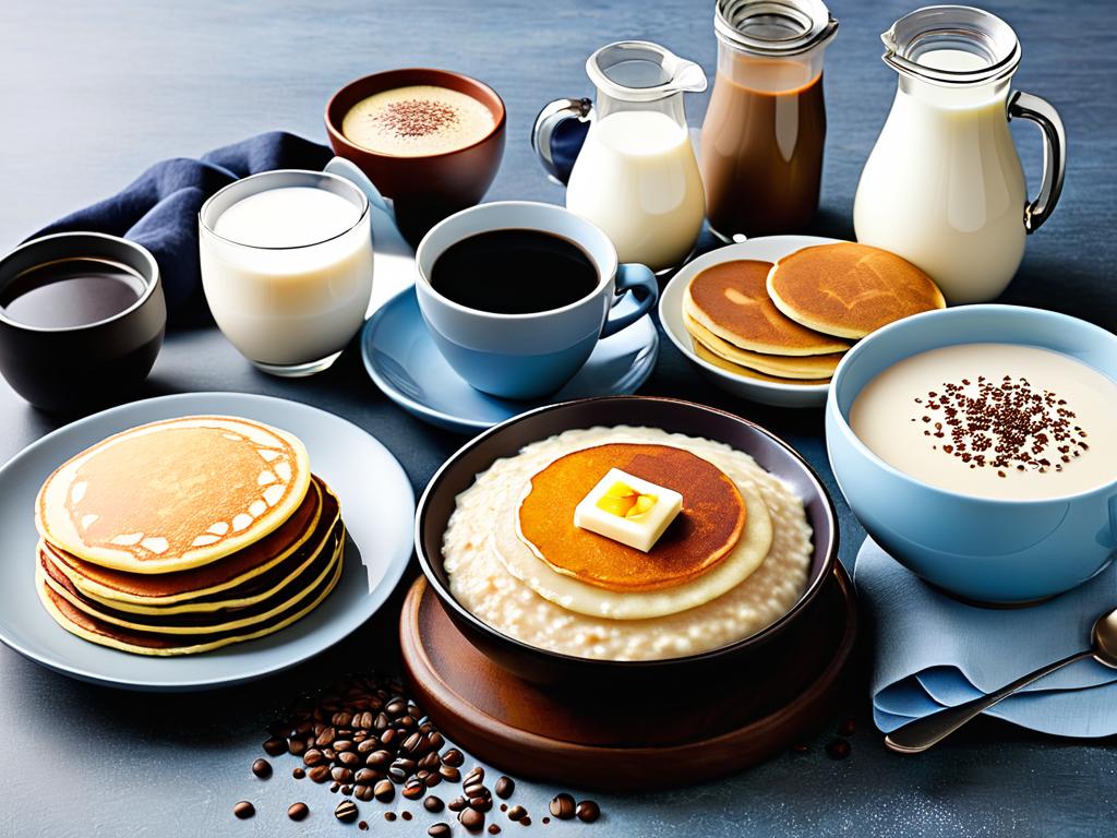 Разнообразные молочные завтраки - каша, блины, кофе с молоком