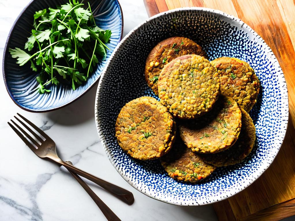 Миска с домашними гречаниками из гречки, картофеля и лука