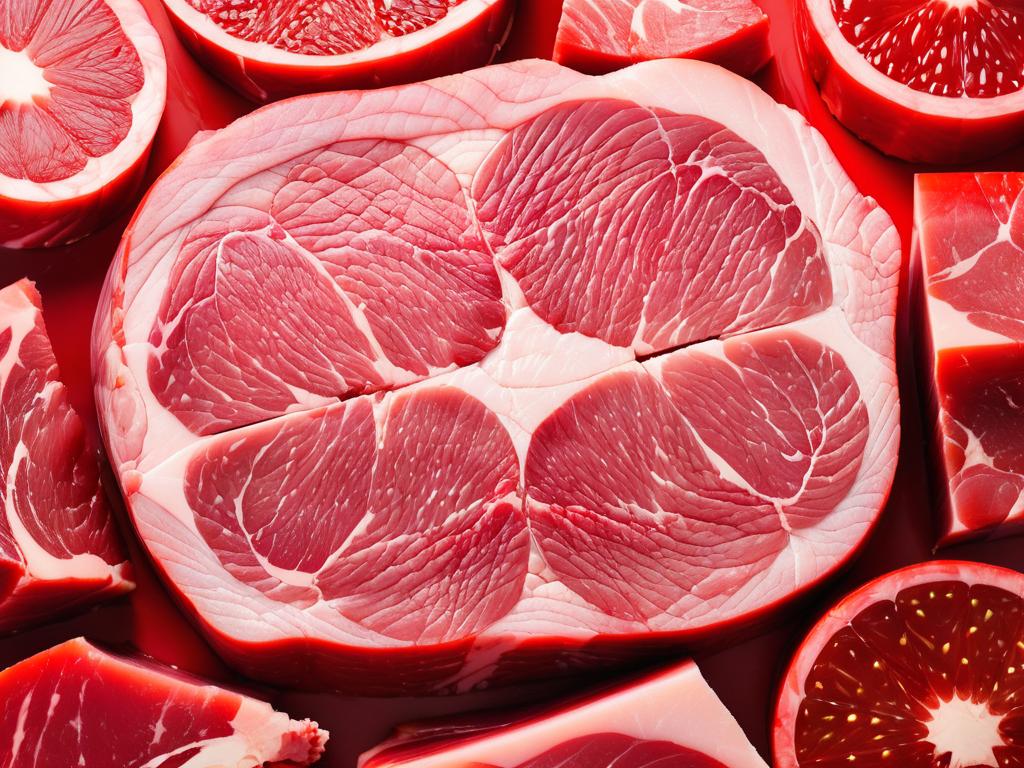 Свежие куски свиного мяса необработанные красные изолированные на белом фоне вид сверху