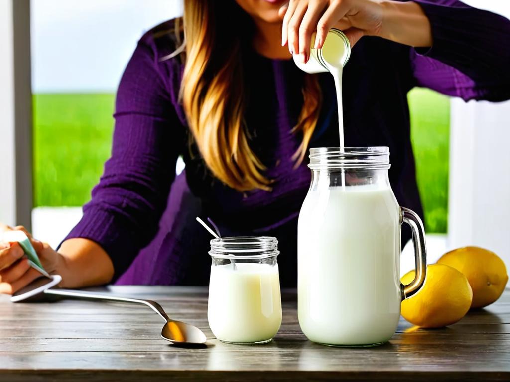 Женщина наливает свежее молоко в банку с термометром