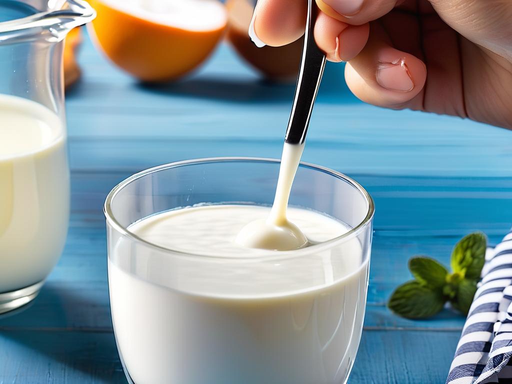 Ложка добавляет порошковую закваску для йогурта в стакан молока