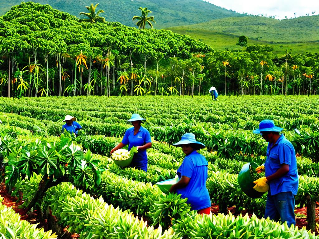 Плантация гуанабаны, рабочие собирают плоды