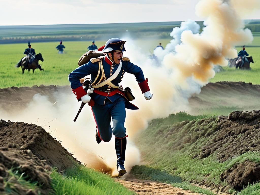 Французский солдат убегает с поля боя во время Семилетней войны