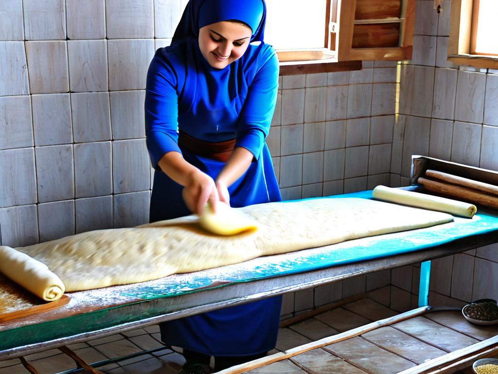 Женщина раскатывает тесто для лепешек хингалш