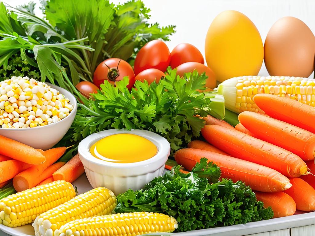 Крупным планом ингредиенты для салата: крабовые палочки, зерна кукурузы, свежая морковь, яйца,