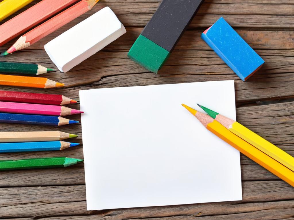 Цветные карандаши, ластик и белая бумага на деревянном столе