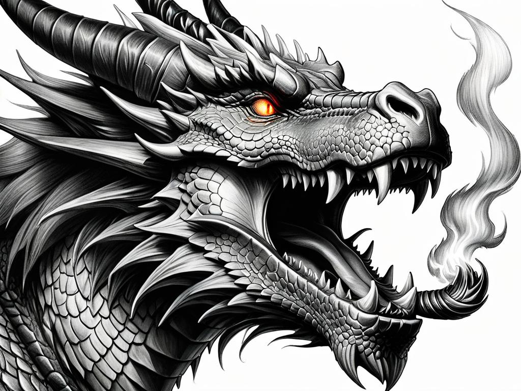 Карандашный рисунок драконьей головы с рогами, клыками и огнедышащей пастью