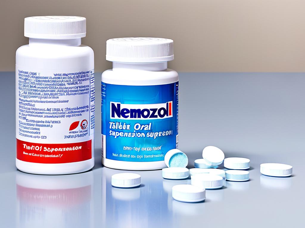 Таблетки и суспензия Немозол на столе
