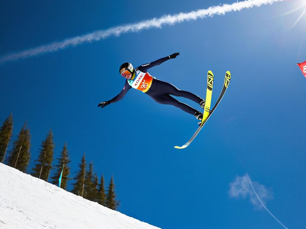 Прыгун на лыжах с трамплина во время полета на соревнованиях