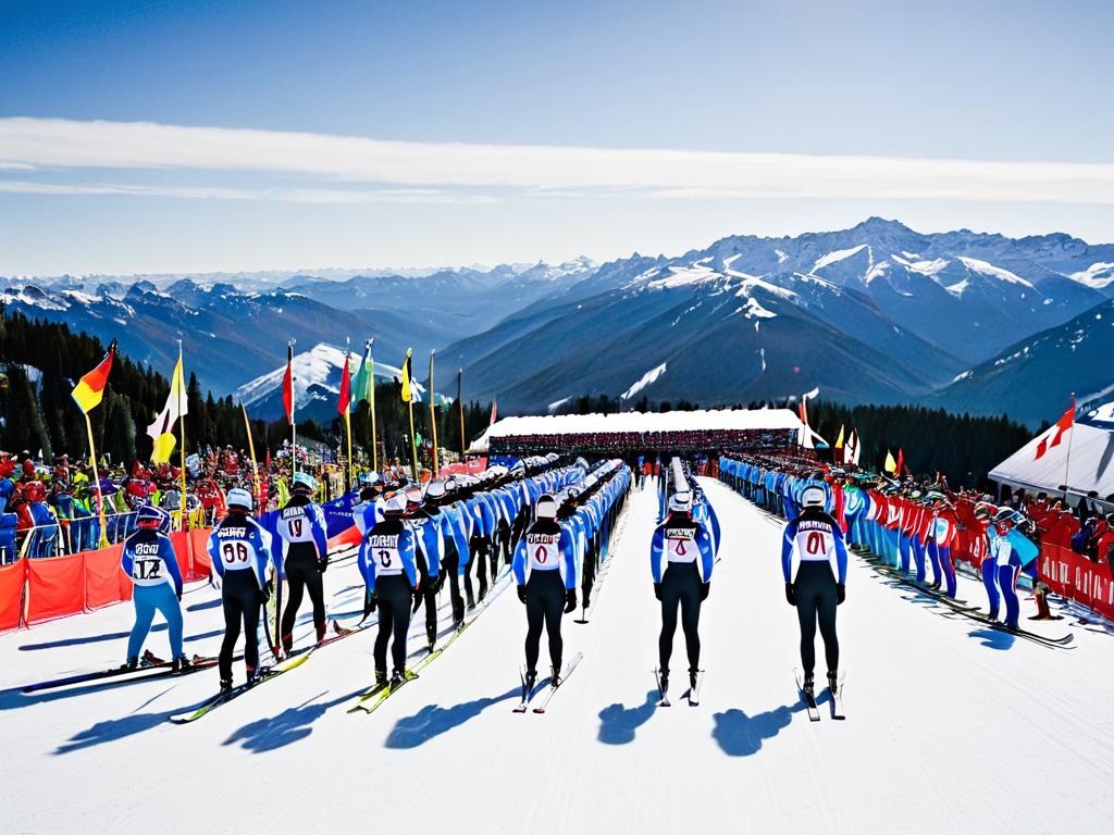 Группа лыжников перед стартом на соревнованиях по полетам на лыжах