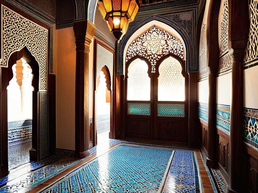 Интерьер с марокканскими орнаментами, мозаикой, арками и резными деревянными элементами