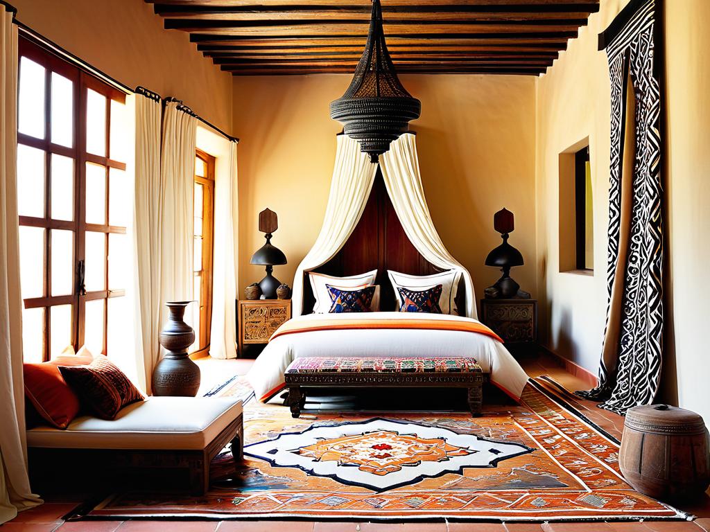 Текстильные элементы типа вышитых подушек, ковров и драпировок помогают создать марокканский