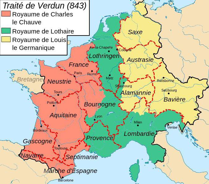 Границы раздела Франкской империи по Верденскому договору