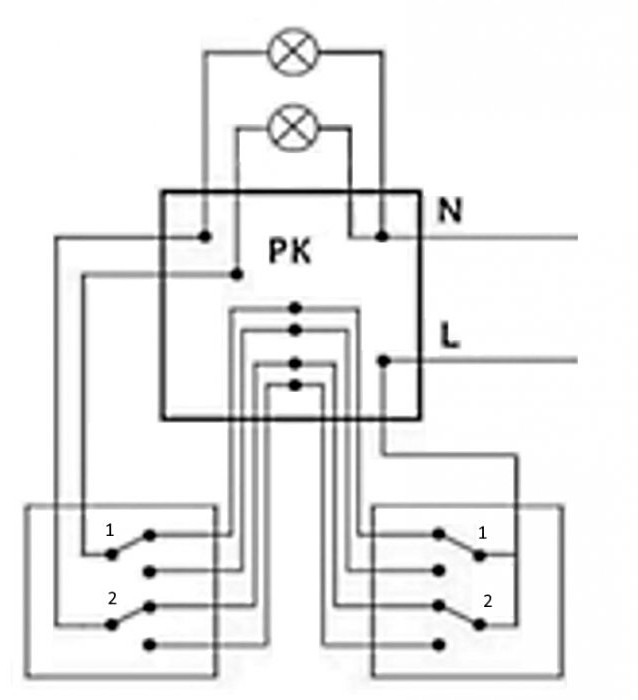 Подключение 2 двухклавишных проходных выключателей. Схема расключения проходного двухклавишного выключателя с двух мест. Схема подключения двойного проходного выключателя. Схема подключения 2 двухклавишных проходных выключателей. Схема подключения двойного проходного выключателя с 2х.