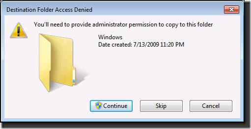 нет доступа к целевой папке windows 7 при копировании 