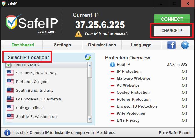 Смена IP в программе SafeIP