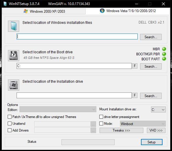 Installing the operating system on a memory card in WinNTSetup