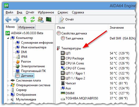 Проверка температурных показателей в программе AIDA64
