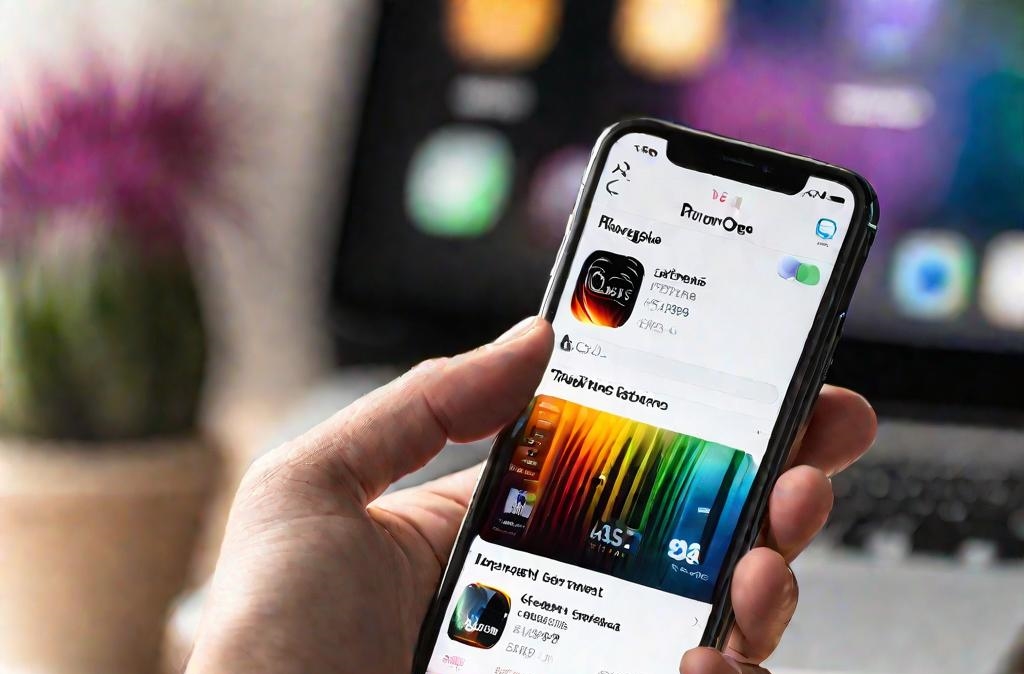 Вид сверху на экран iPhone с приложением GarageBand для создания собственных рингтонов. Интерфейс приложения красочный, фон размыт, освещение мягкое направленное.