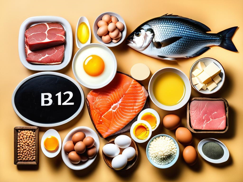 Естественные источники витамина B12: мясо, рыба, яйца, молочные продукты