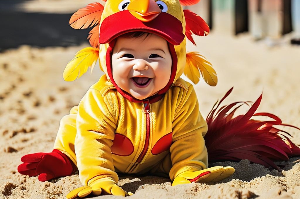 Ребенок в желтом костюме цыпленка - комбинезоне с перьями, шапочке с красным гребешком и оранжевым
