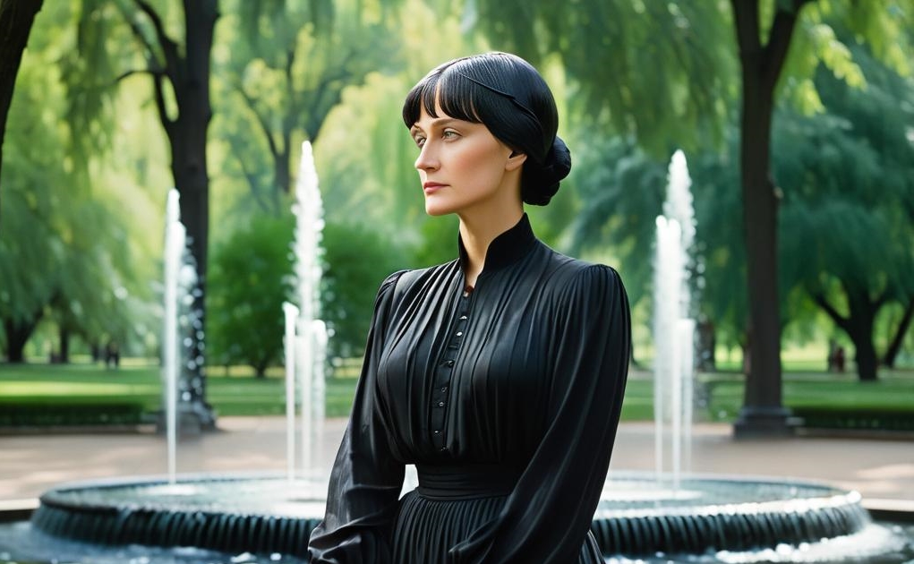 Анна Ахматова задумчиво стоит у фонтана в парке. Она одета в черное и смотрит вдаль. Текущая вода
