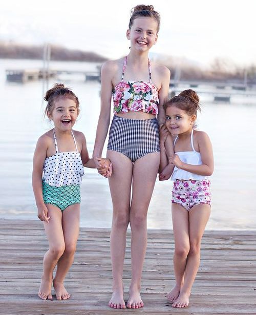 Girls of different ages in swimsuits.